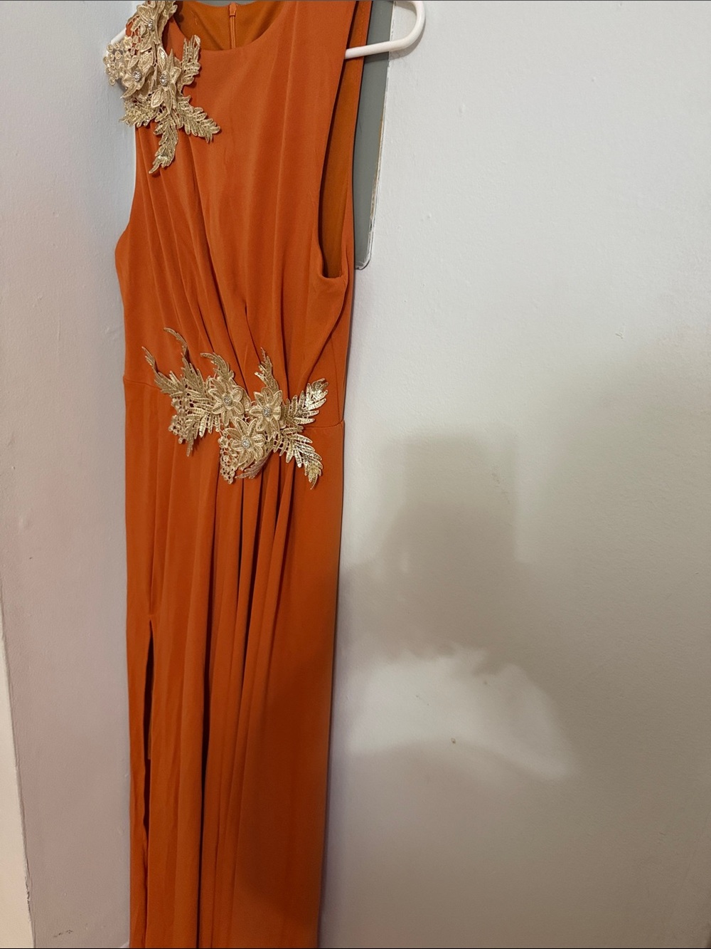 SHEIN Orange Maxi Dress with Gold Floral Appliqué